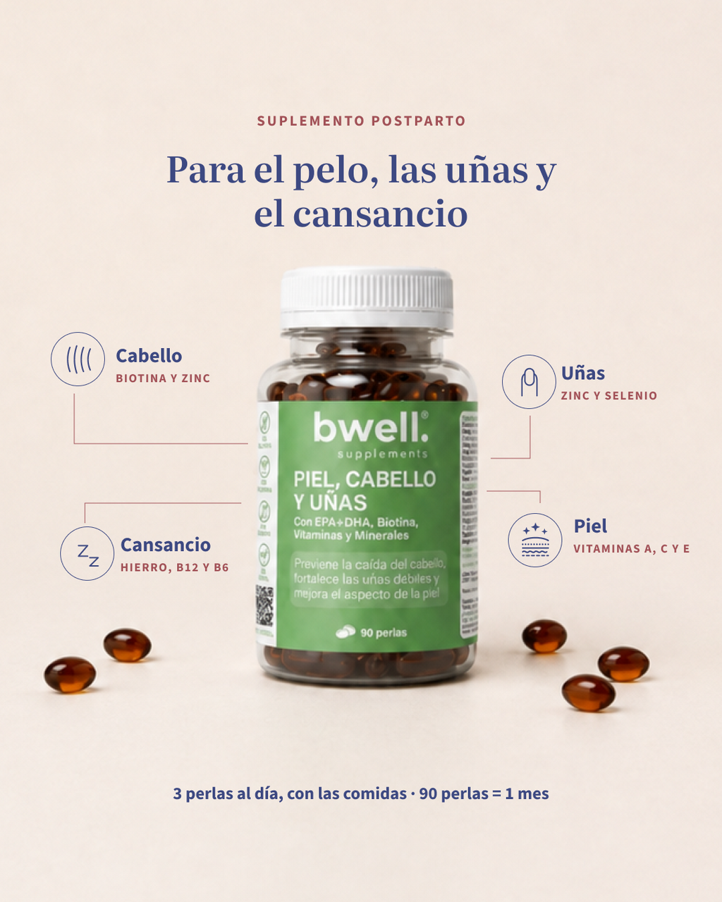 Suplemento Postparto para Cabello, Piel y Uñas con Omega-3, Biotina y Vitaminas | 90 cápsulas