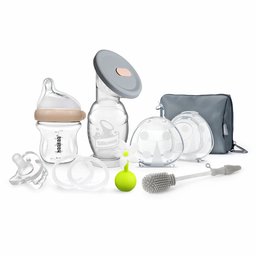 CONJUNTO PREMIUM (Recipiente com tampa e tampa em forma de flor + Dois recipientes LadyBug com bolsa de higiene + Biberão de vidro + Escova de limpeza + Duas tampas + Chupeta de silicone)