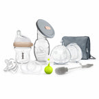 CONJUNTO PREMIUM (Recipiente com tampa e tampa em forma de flor + Dois recipientes LadyBug com bolsa de higiene + Biberão de vidro + Escova de limpeza + Duas tampas + Chupeta de silicone)