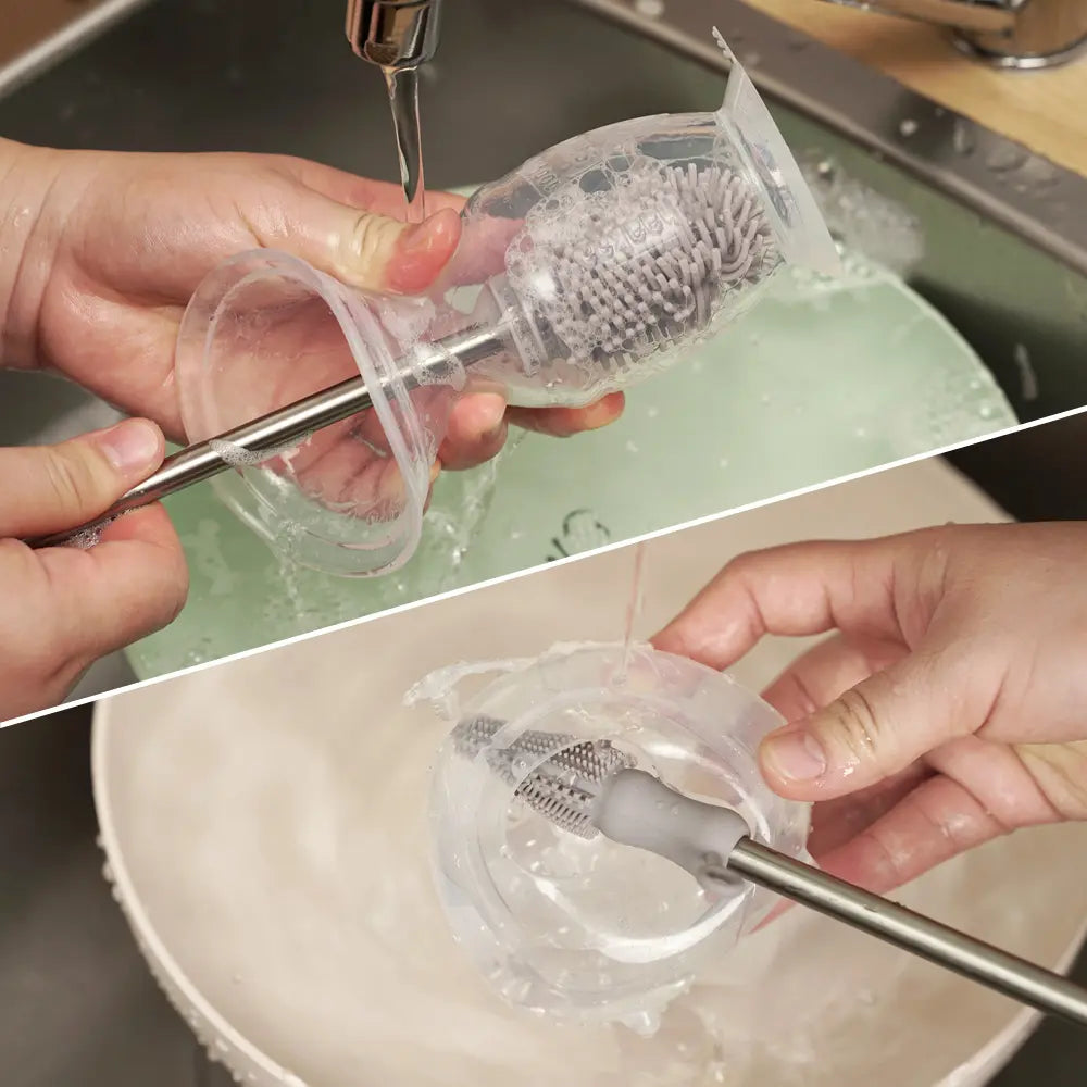 CONJUNTO PREMIUM (Recipiente com tampa e tampa em forma de flor + Dois recipientes LadyBug com bolsa de higiene + Biberão de vidro + Escova de limpeza + Duas tampas + Chupeta de silicone)